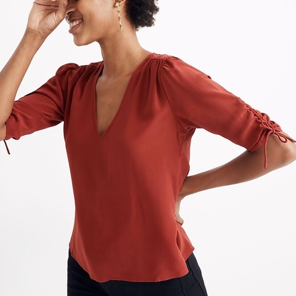 Madewell Silk Cinch-Sleeve Top in Rust - Picture 2 of 10
